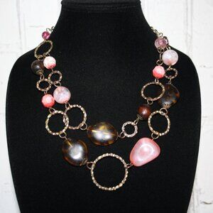 🌸🌿 Bronze, Pink & Wooden Beaded Statement Necklace – 16–18" · Layered ·